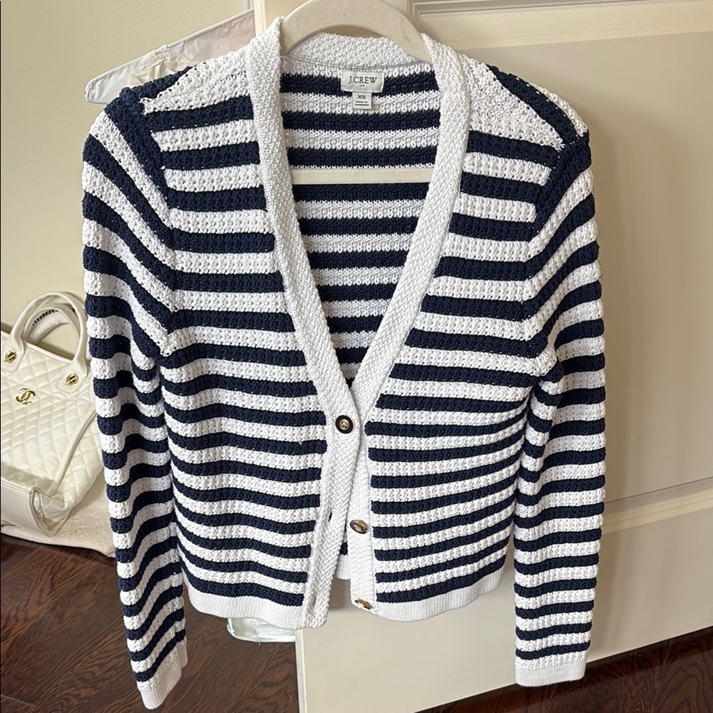 J. Crew Classic Blue and White Knit Cardigan